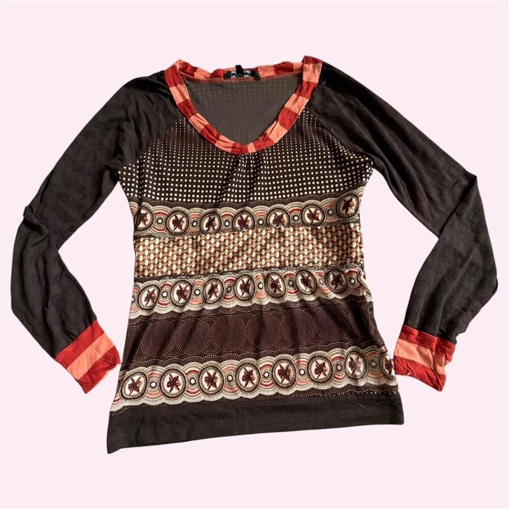 Euro brand salt & pepper brown and orange long sleeve mesh top